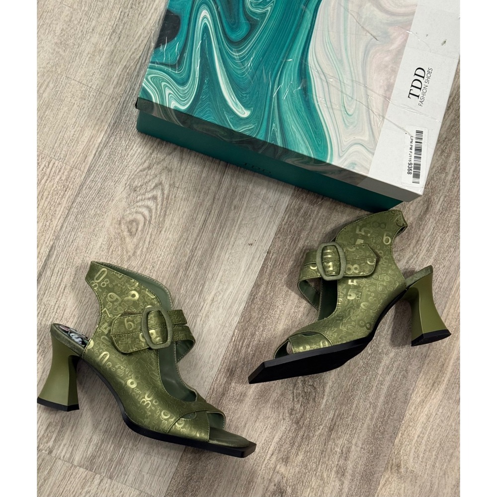 TDD Fashion Shoes Olive Green Metallic Numeric Print Square Toe Flared‎ Heel 7